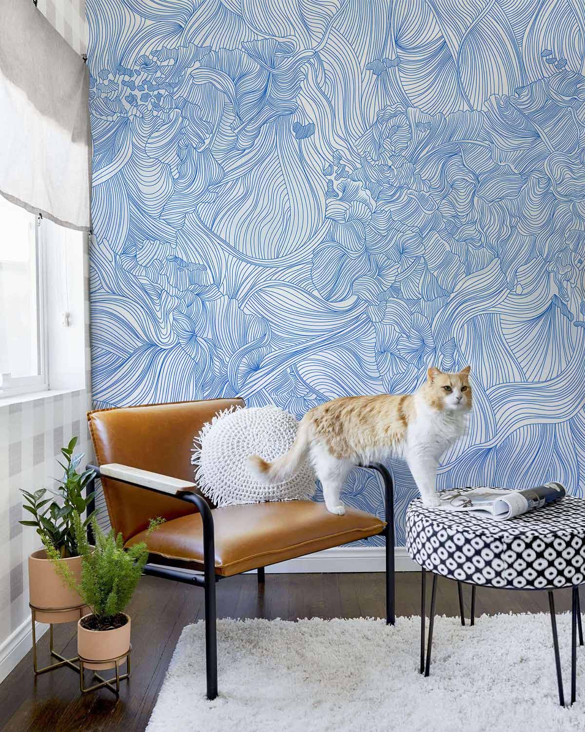 sketched Blue Crossing line flower wall Murals for home decor