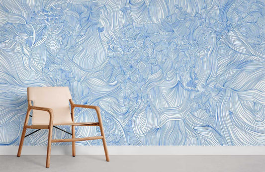 sketched Blue Crossing line flower wall Murals for Room decor