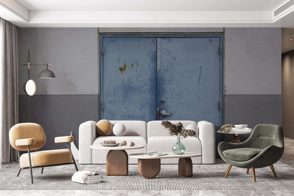 blue and grey industrial factory wallpaper dining room