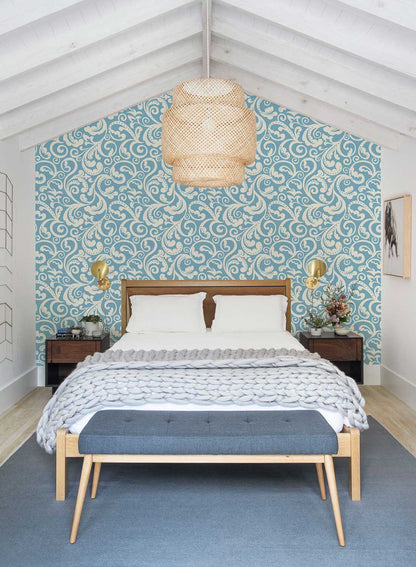Elegant Blue White Paisley Mural Wallpaper in Bedroom