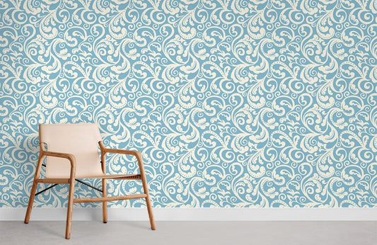 Elegant Blue White Paisley Mural Wallpaper