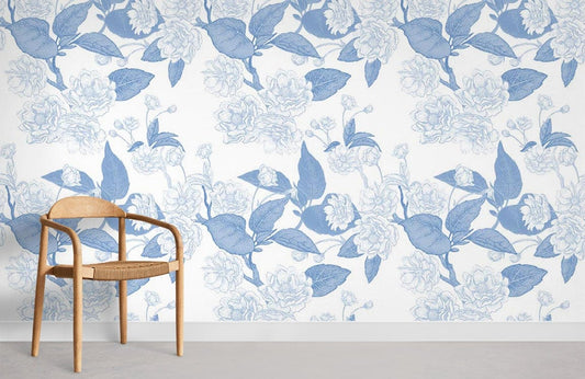 Blue Floral Pattern Flower Wallpaper Room