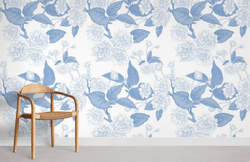 Blue Floral Sketch Modern Wallpaper Mural