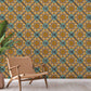 A repeating yellow and green pattern creates an eye-catching wallpaper mural for a hallway.