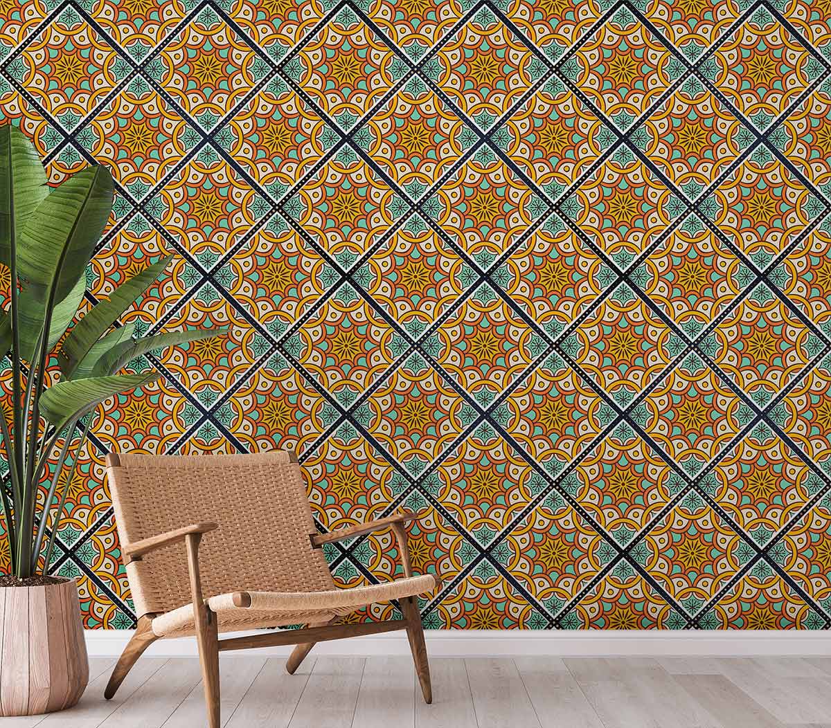 A repeating yellow and green pattern creates an eye-catching wallpaper mural for a hallway.