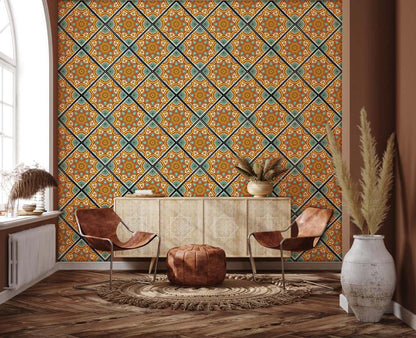 For hallway design, choose yellow wallpaper murals with repeating floral motifs.
