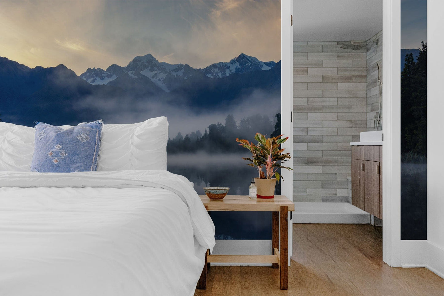 Wallpaper Mural for Bedroom Decoration Featuring Blue and Foggy Mountains Landscapes