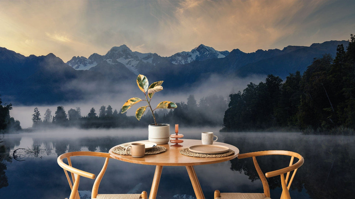 Wallpaper Mural of Blue Foggy Mountain Scenery for Dining Room Decorations