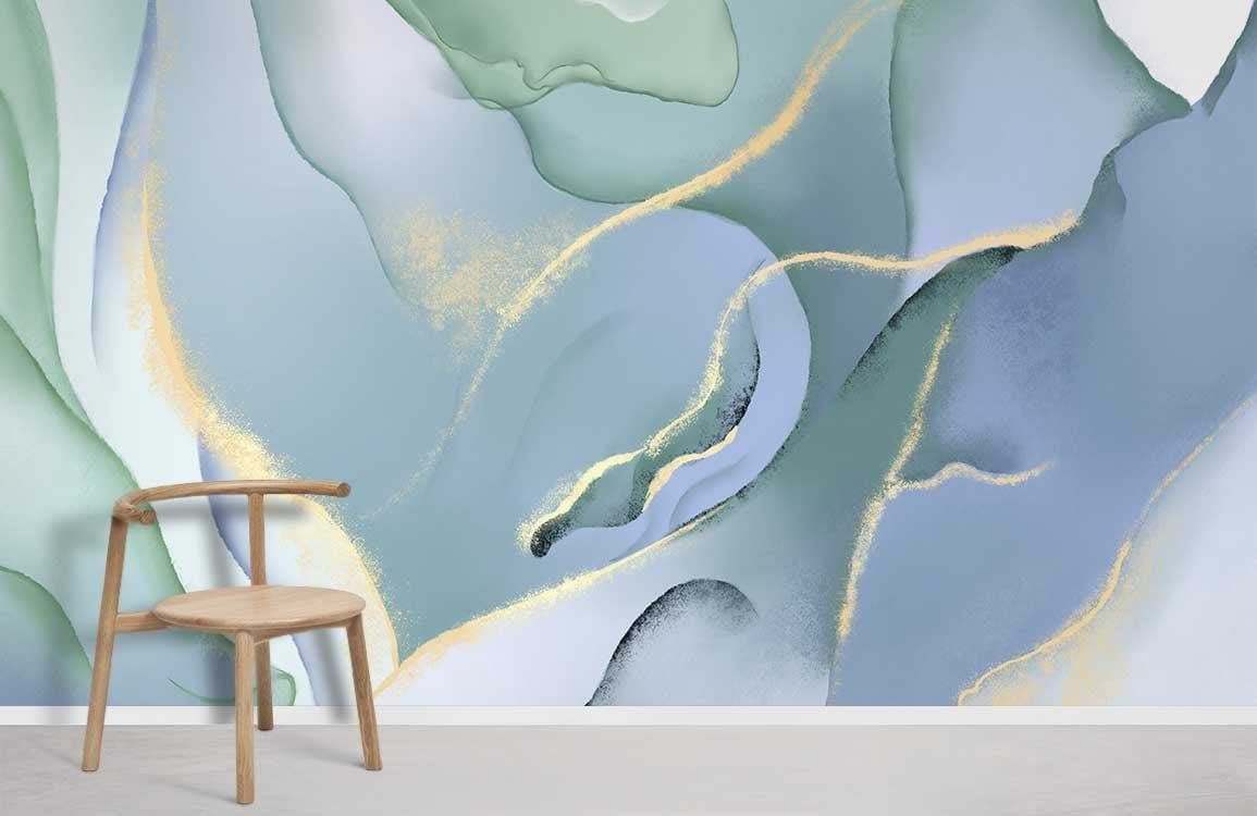 Abstract Aqua Gold Marble Mural Wallpaper