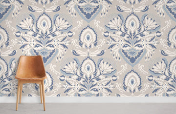 Elegant Blue Floral Damask Mural Wallpaper