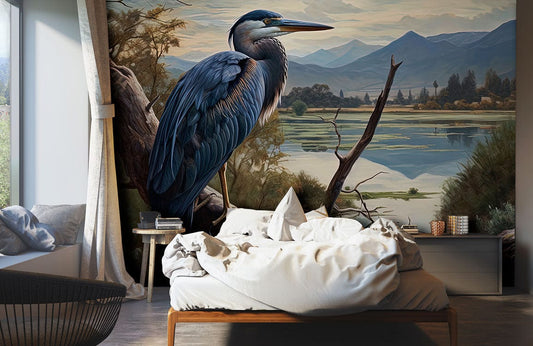 Majestic Heron Nature Landscape Mural Wallpaper in bedroom