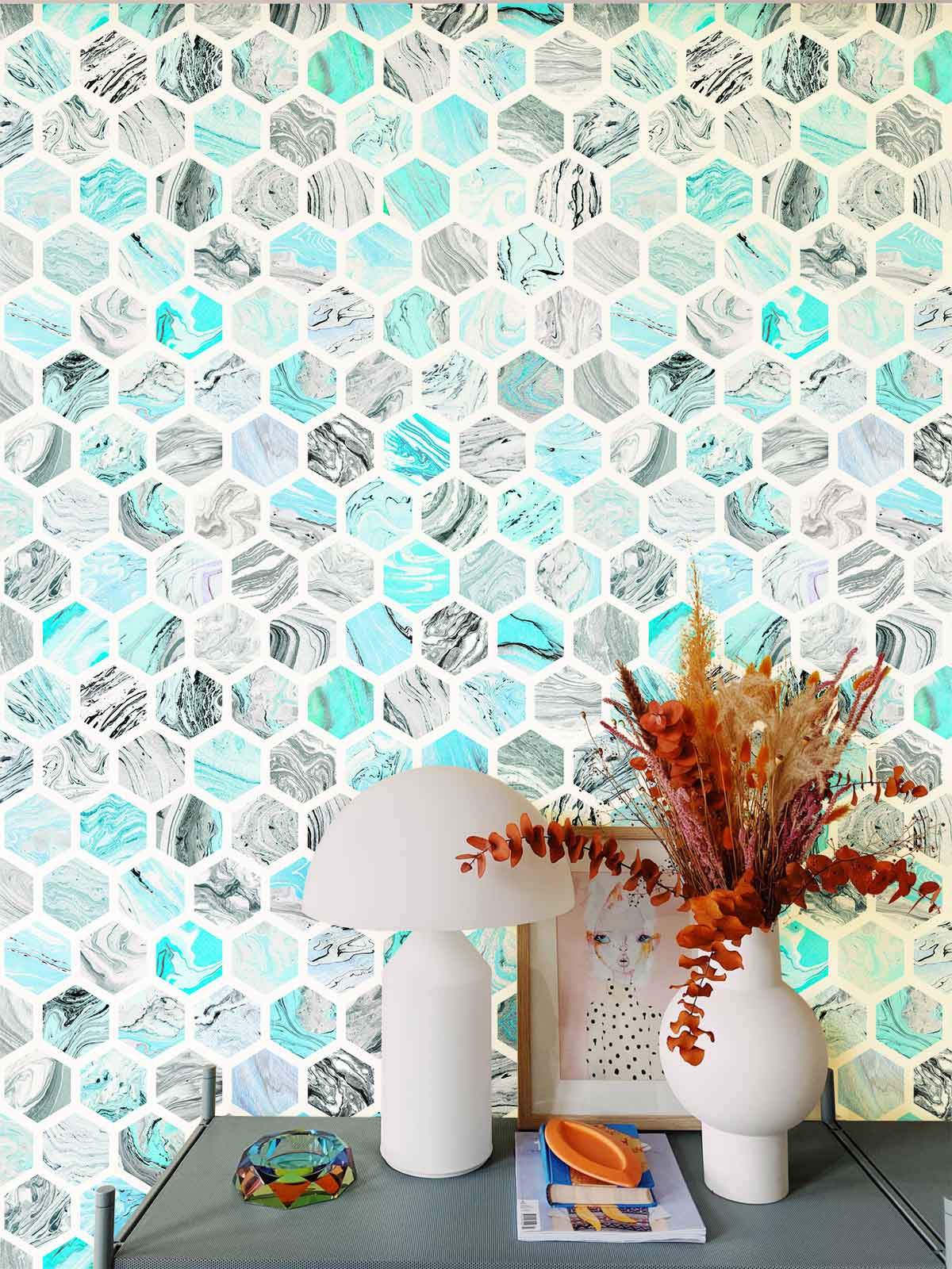 Turquoise Hexagon Marble Effect Wallpaper Decor