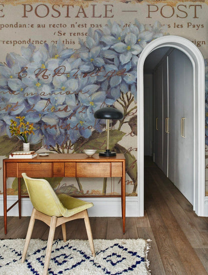 Vintage Blue Floral Postcard Mural Wallpaper in office