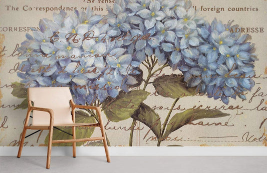 Vintage Blue Floral Postcard Mural Wallpaper