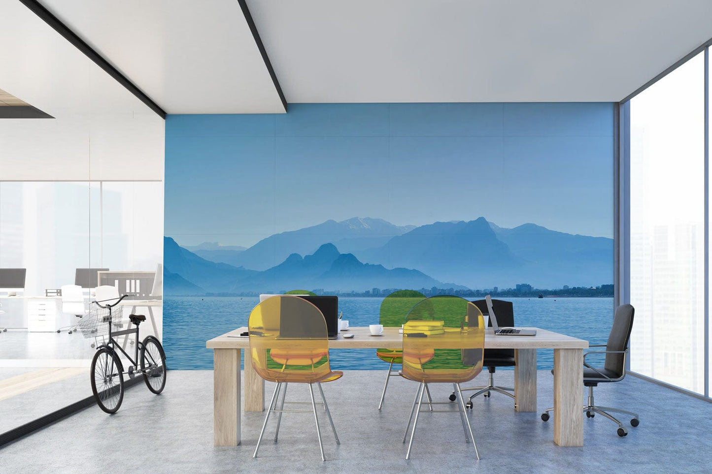 Wallpaper Mural for Meeting Room Decoration Featuring a Blue Lake and Mountains Scenery