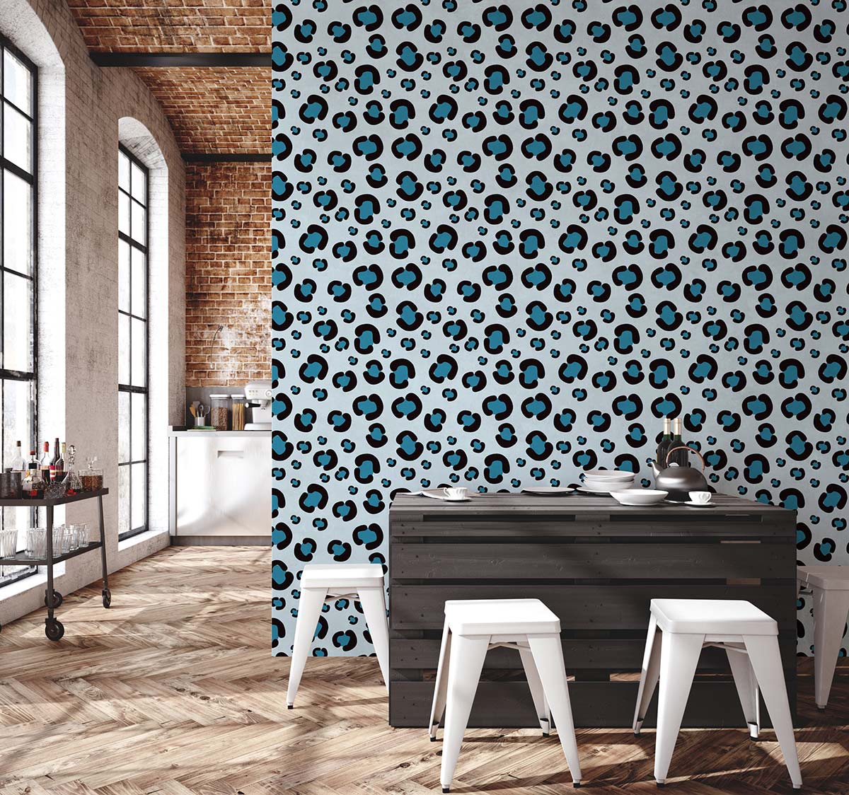 Wallpaper mural with a leopard print design in blue that may be used to decorate the dining area.