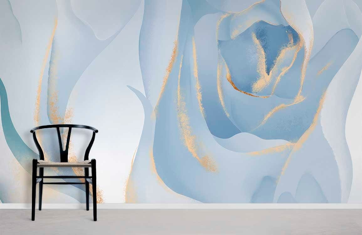 Gold-Brushed Blue Floral Mural Wallpaper