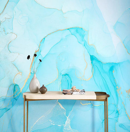 Abstract Blue Gold Marble Mural Wallpaper in living room