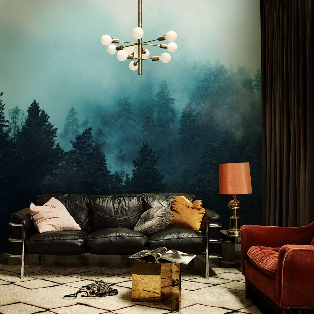 Wallpaper Mural for the Living Room Decor Featuring a Blue Mist in a Dark Forest