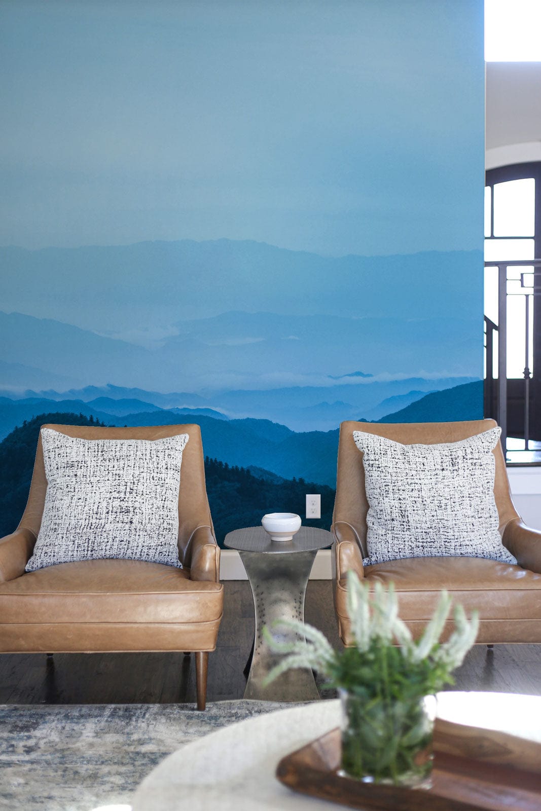Blue Misty Hilltops is a Wallpaper Mural for the Living Room that Decorates the Room.
