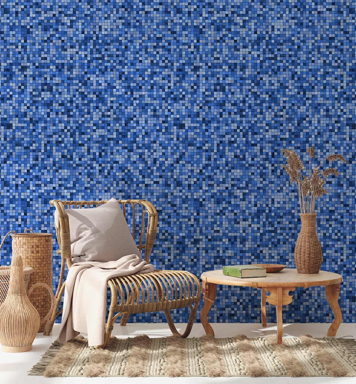 Wallpaper Mural in the Hallway with Blue Mosaic Pattern