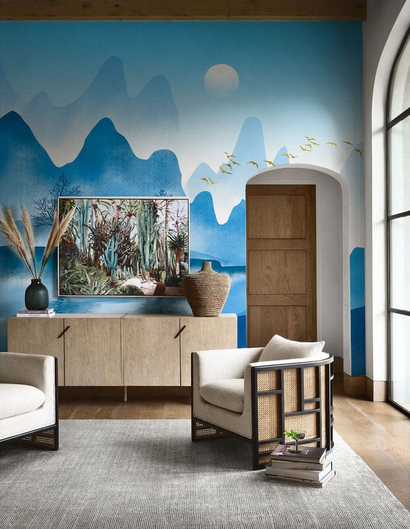 blue landscape wall mural lounge decoration