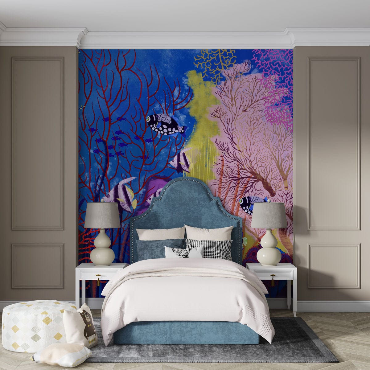 Wallpaper mural featuring a blue ocean ground scene for use in decorating bedrooms