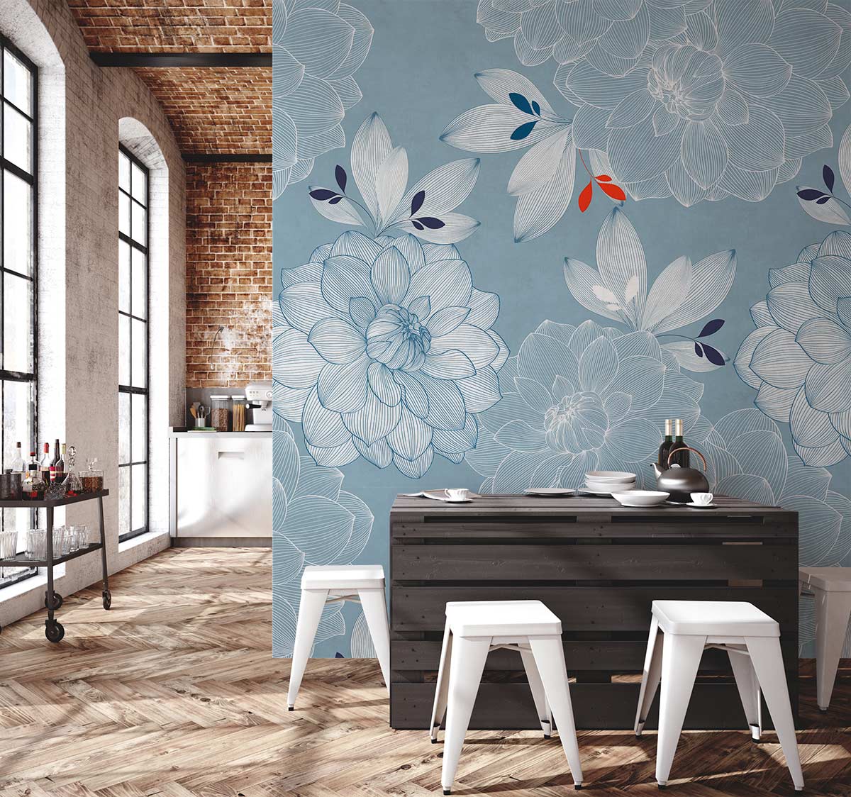 wallpaper with a flower and leaf pattern in a vintage style