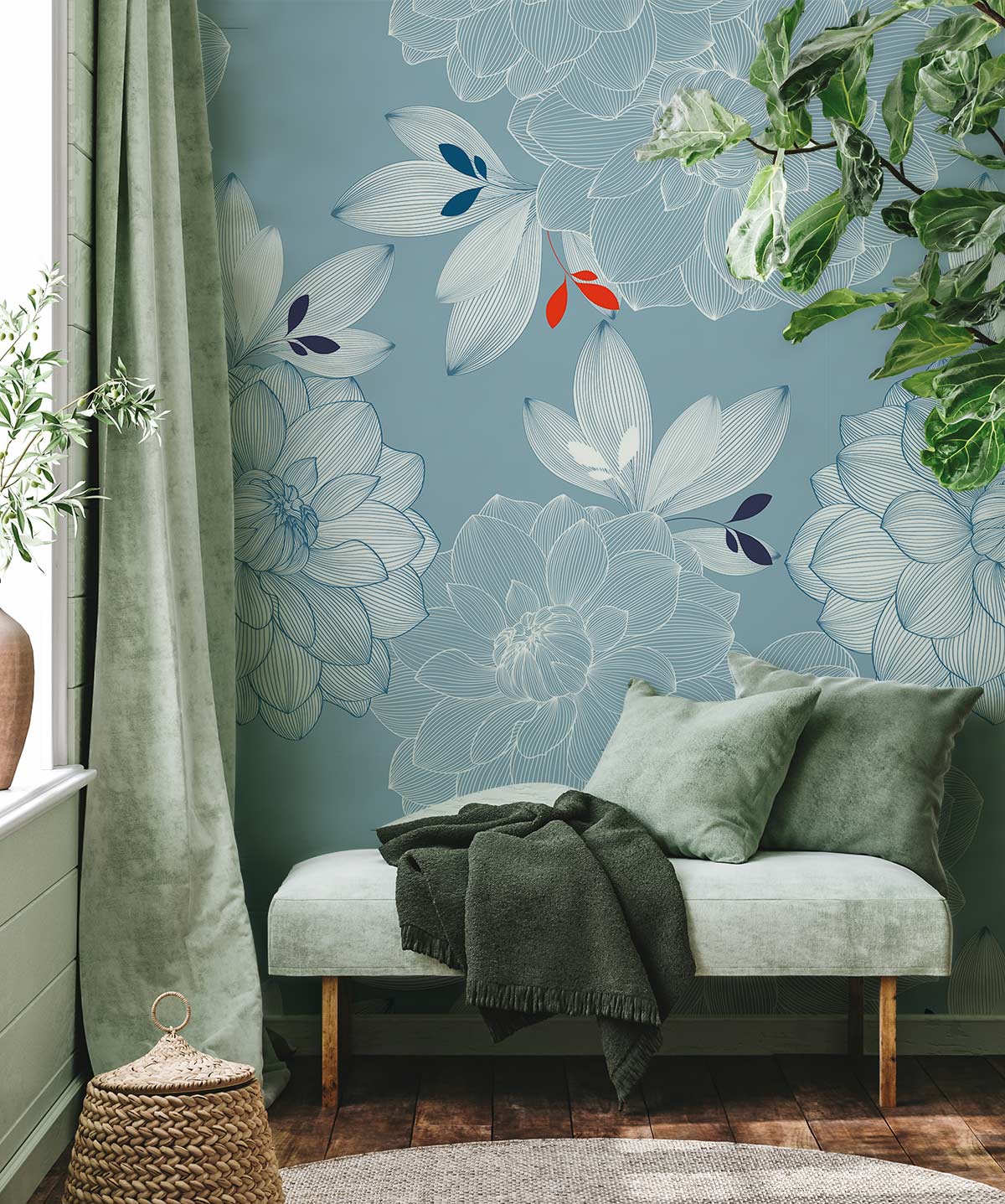 new inspiration for a navy and white flower wall mural