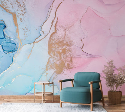 Abstract Pink Gold Blue Mural Wallpaper in living room