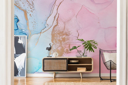 Abstract Pink Gold Blue Mural Wallpaper in living room