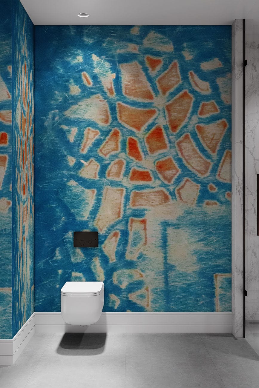 Mural wallpaper design featuring a blue reticulated pattern, ideal for use in the bathroom