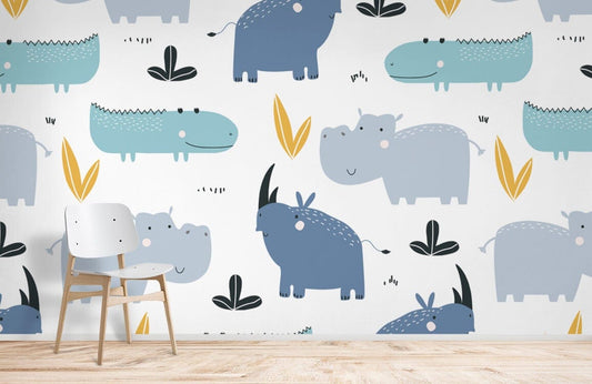 Wallpaper Mural with Blue Hippos and Crocodiles for Home Decoration