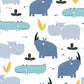 Home Decoration Wallpaper Mural Featuring a Blue Hippo and Crocodile for Sale