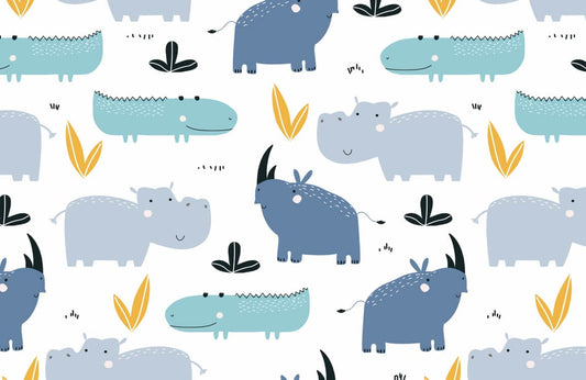 Home Decoration Wallpaper Mural Featuring a Blue Hippo and Crocodile for Sale