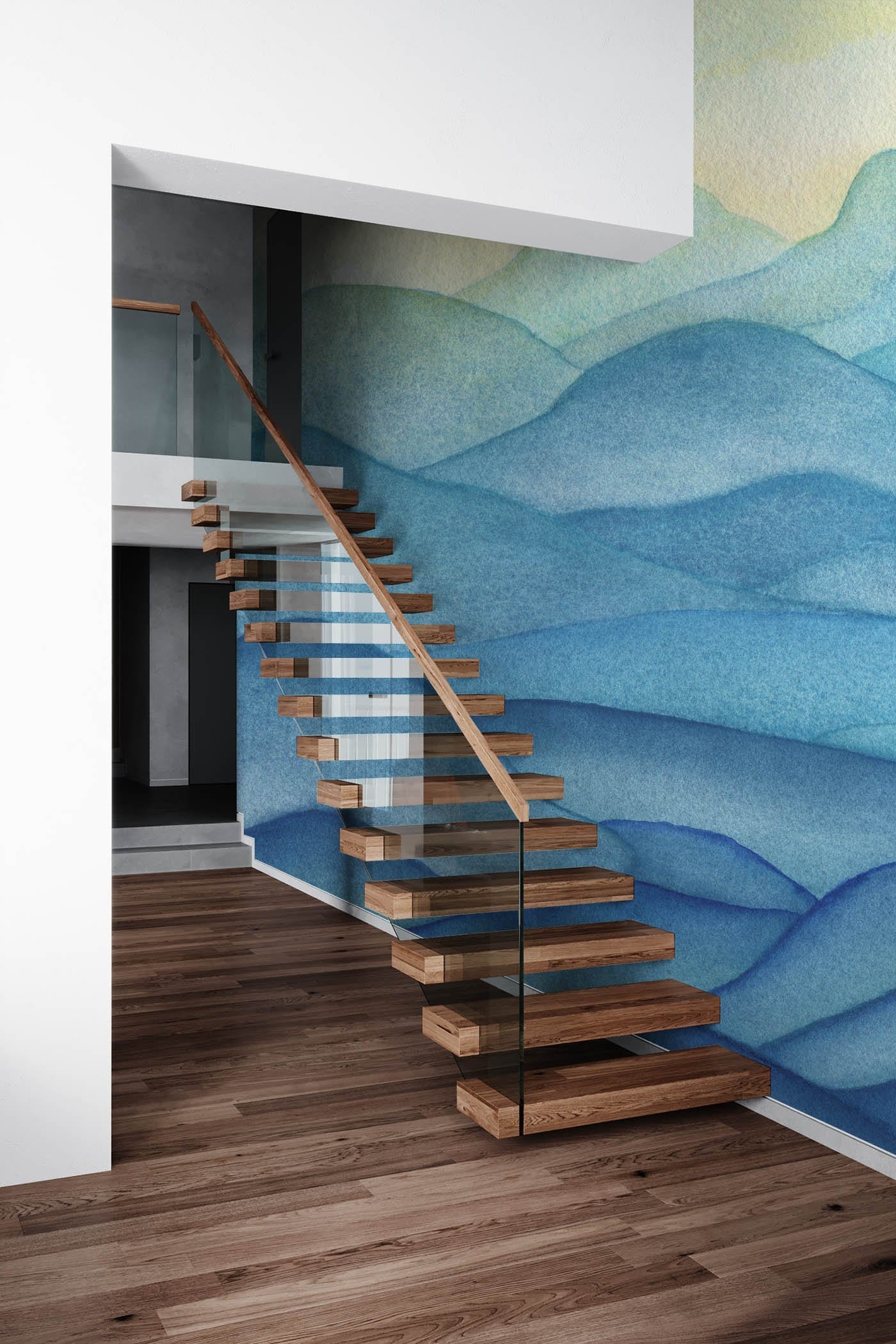 Wall murals featuring a landscape depicting a blue mountain range with rolling hills