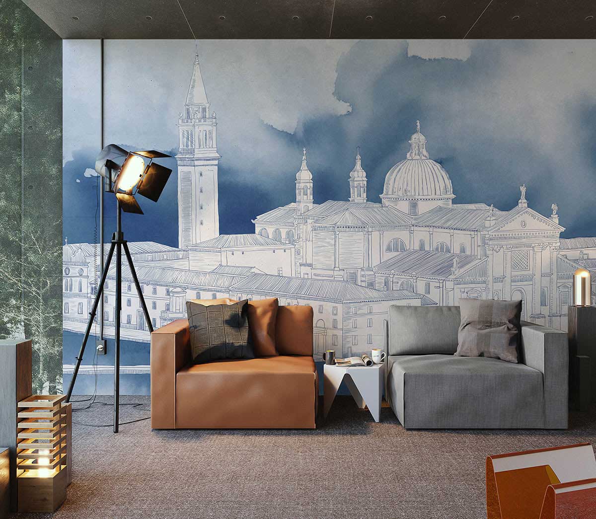 custom sketched building wallpaper mural for living room decor