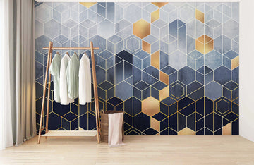 Carta da parati murale esagonale blu e oro geometrica