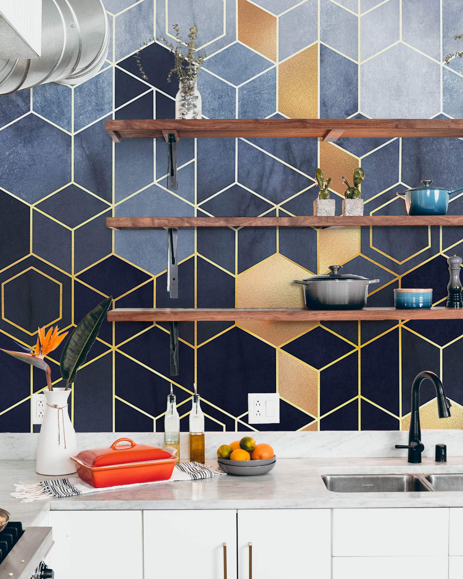ombre blue geometric wallpaper mural for kitchen decor