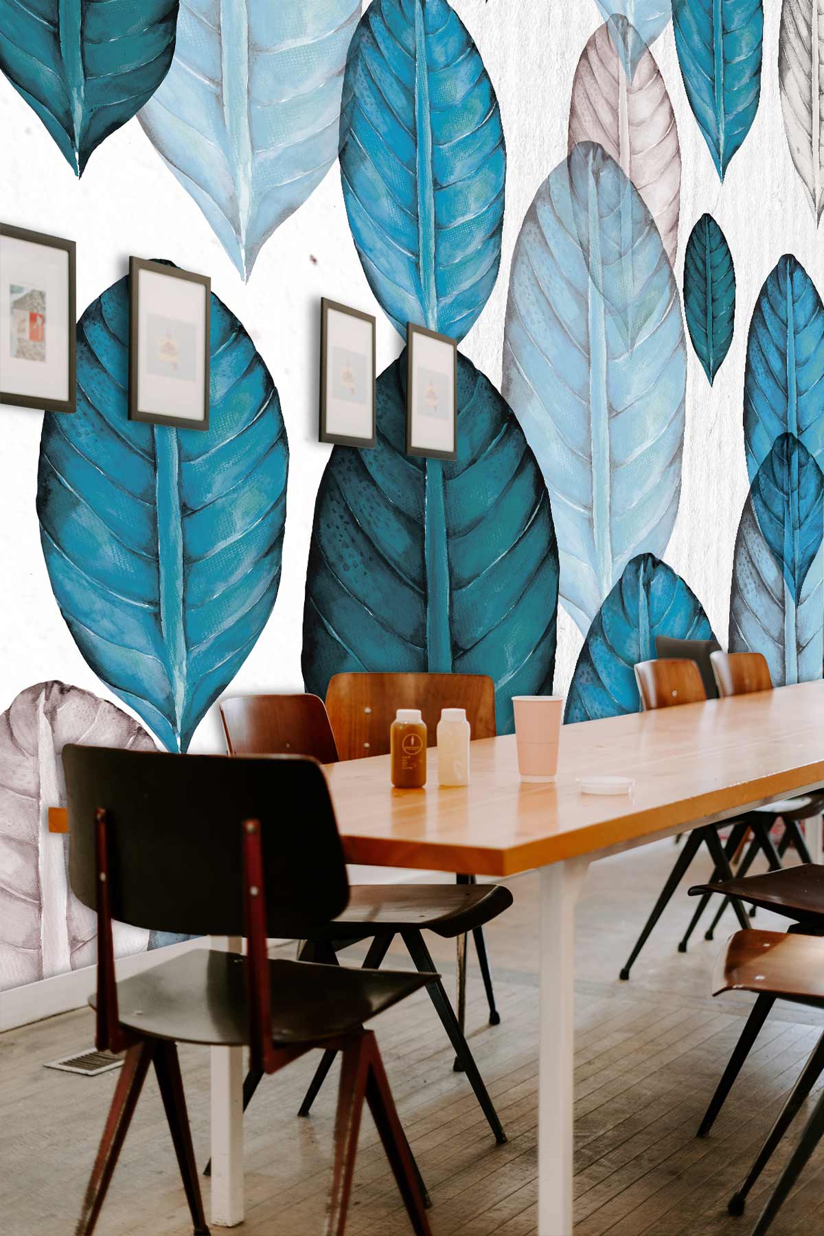 Blue Watercolour Leaves Wallpaper Mural Home Interior Decor