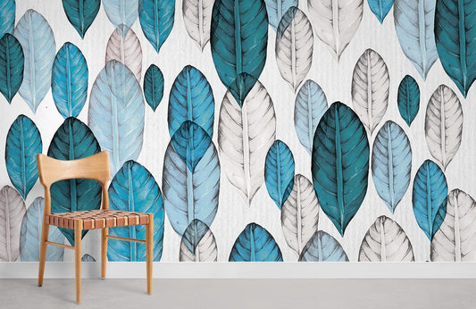 Blue Watercolor Leaves Wallpaper Mural Room Decoration Idea