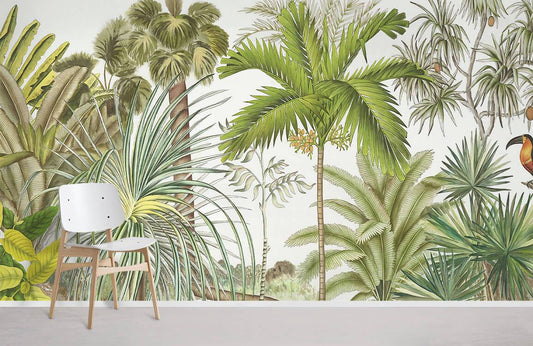 mural wallpaper featuring a botanically lovely jungle scene for interior decorating