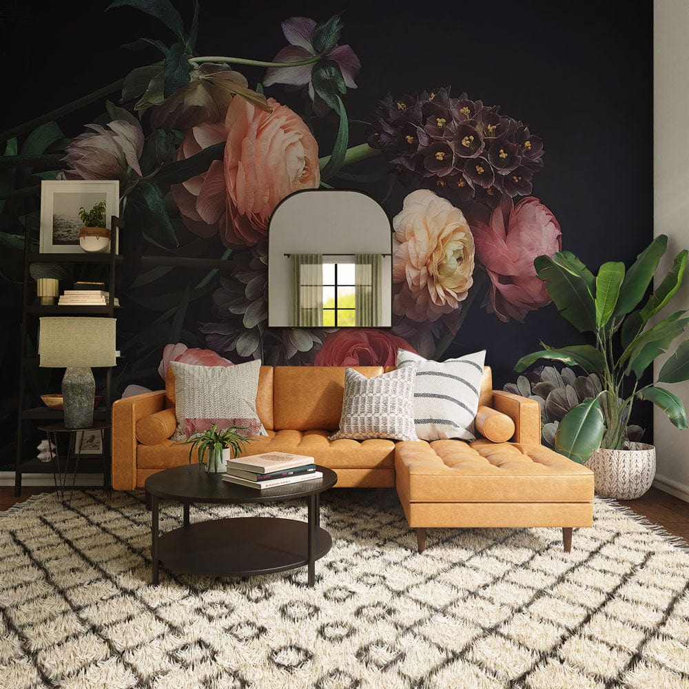 Decoration for the Living Room Featuring a Mural of a Bouquet Printed on a Dark Wallpaper