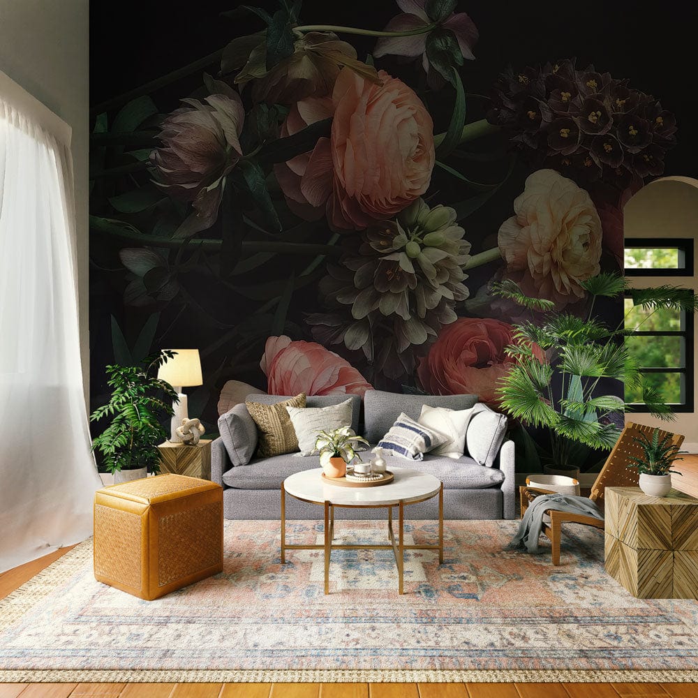 Decorative Mural Wallpaper Featuring a Bouquet in a Dark Background Ideal for the Living Room