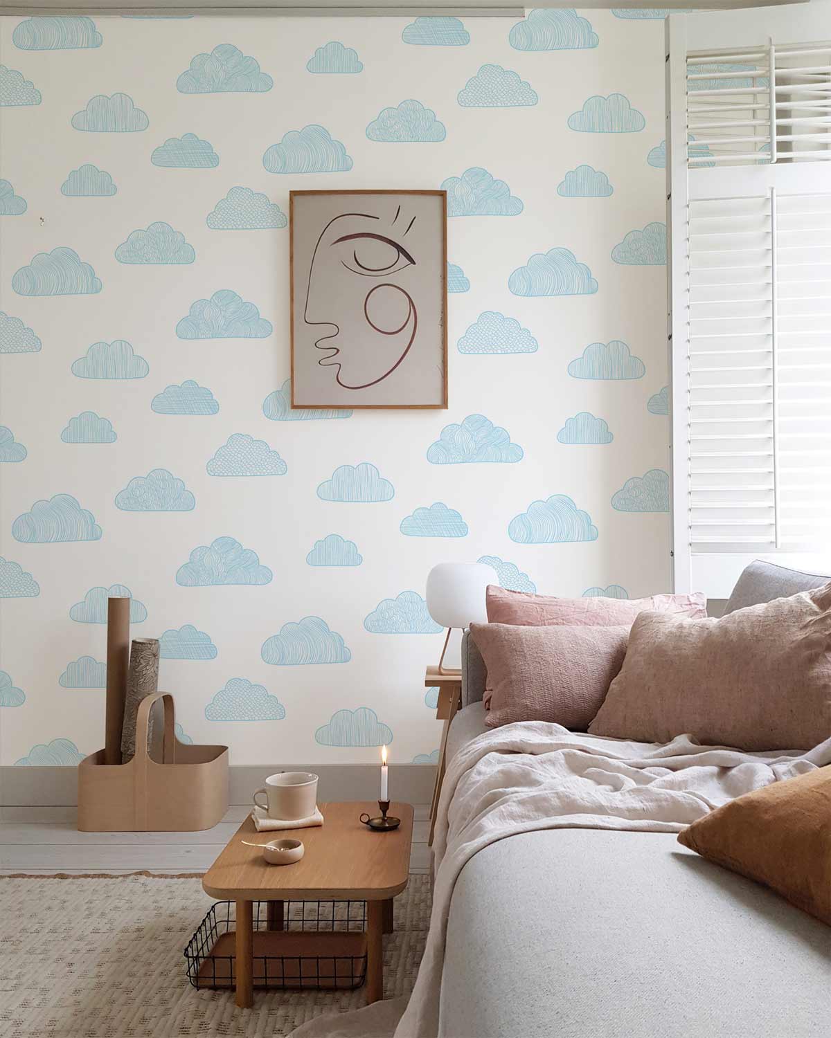 Blue Sketched Clouds Nursery Mural Wallpaper in Living room.