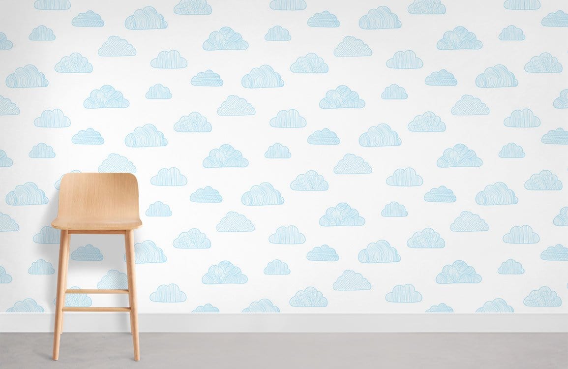 Blue Sketched Clouds Nursery Mural Wallpaper