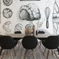 Dining room wallpaper mural with a bread pattern and food.