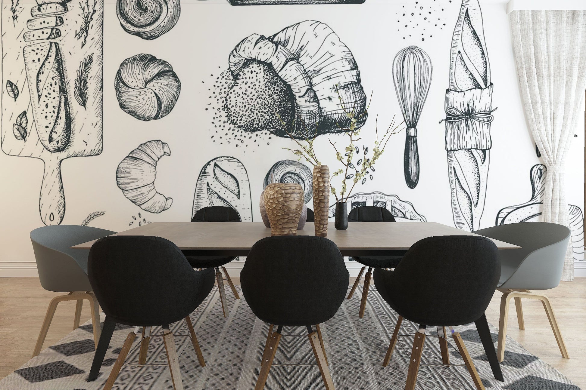 Dining room wallpaper mural with a bread pattern and food.