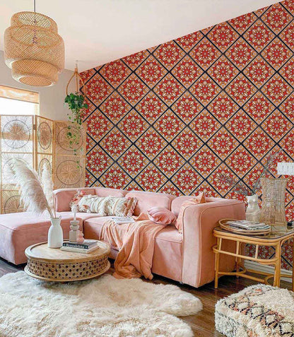 wall coverings with a repeating pattern of flowers