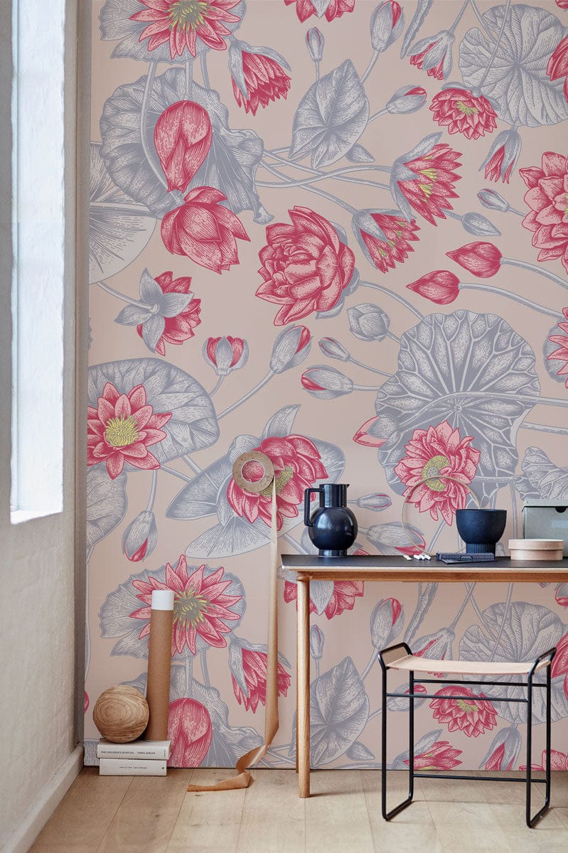 Wallpaper mural featuring a bright pink lotus flower for use as room decor